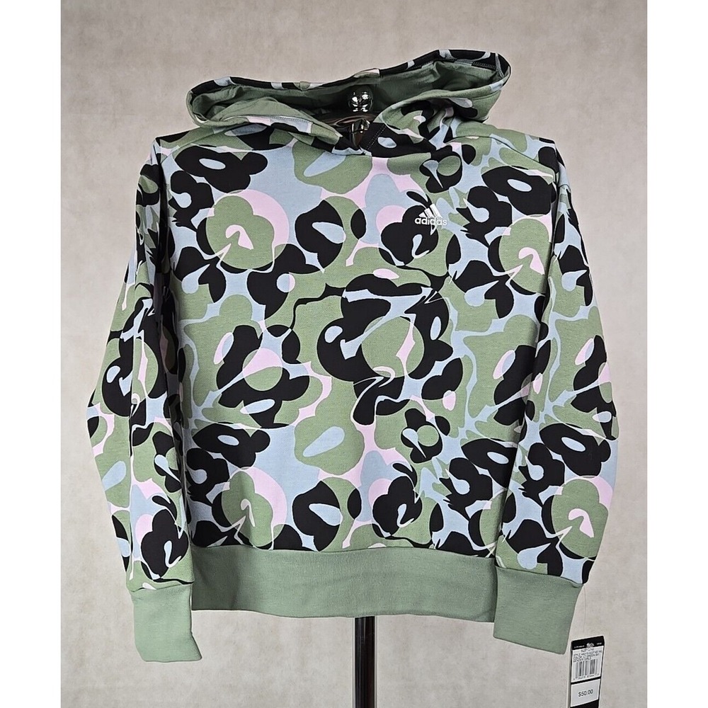NWT Adidas Girl Hoodie Size Large 14 Pullover Hooded Sweatshirt Logo Green Black